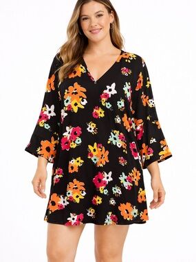 Anne Cole Black V-Neck Tunic with Pink, Orange, Yellow and Aqua Floral Print NWT